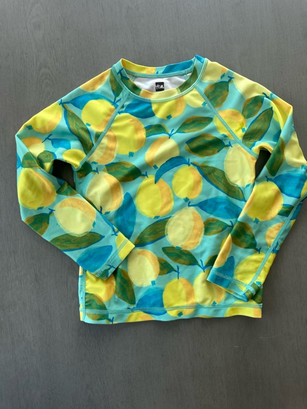 Tea Collection Lemon Print Long Sleeve Rash Guard - Yellow & Teal size 5